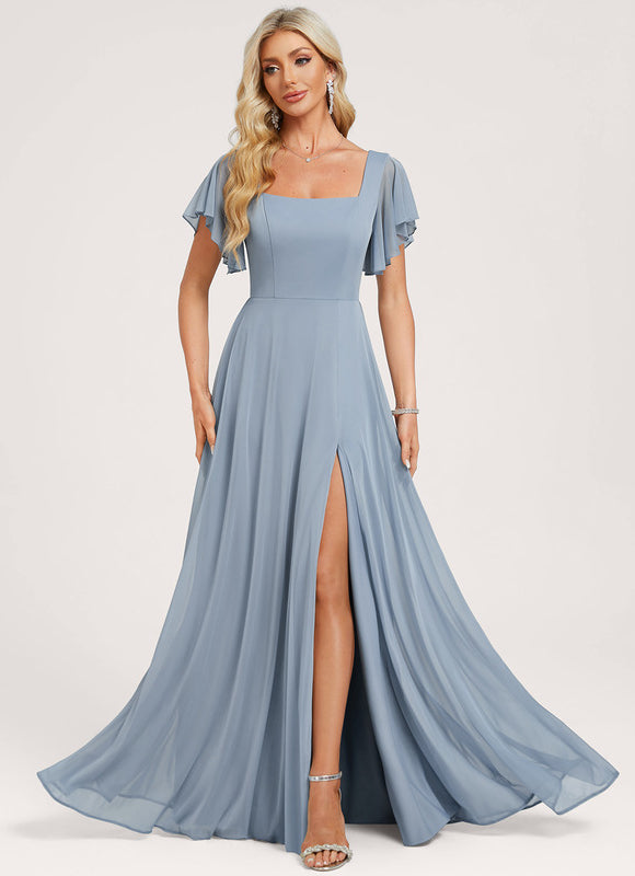 Robe Pastel Bleu Col Carré Longueur Maxi