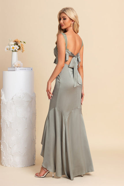 Robe Pastel Vert Satin Asymétrique Maxi - gallery 2