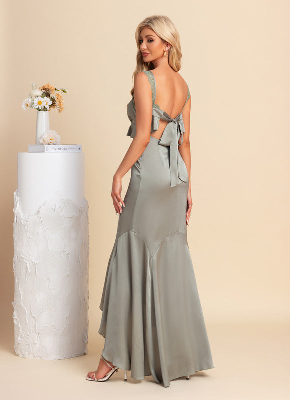 Robe Pastel Vert Satin Asymétrique Maxi - gallery 2