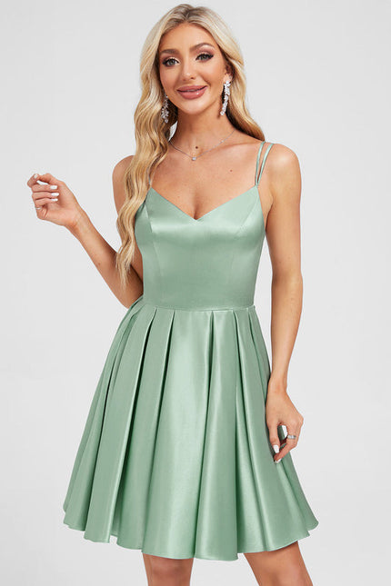 Robe Pastel Verte Satin Trapèze Avec Nœud - gallery 2