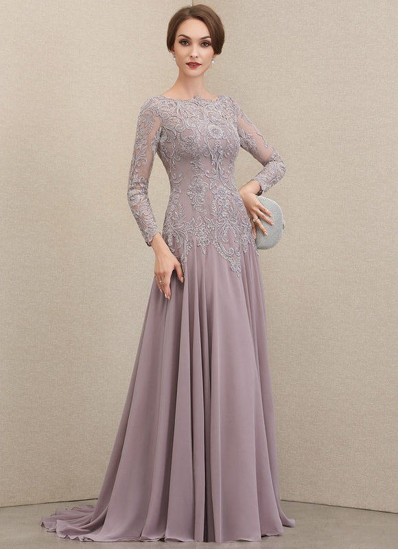 Robe Pastel Violet Col Rond Traîne Dentelle