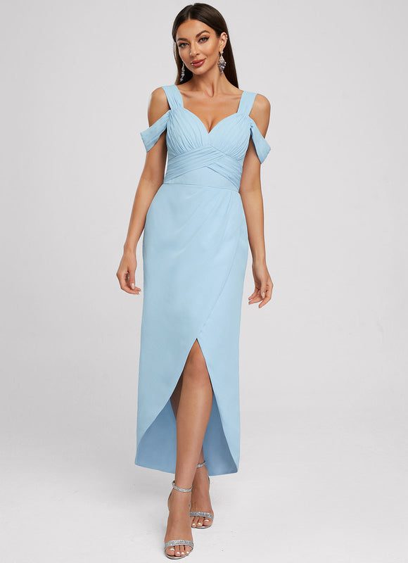 Robe Pastel Bleu Décolleté Asymétrique Volants - gallery 1