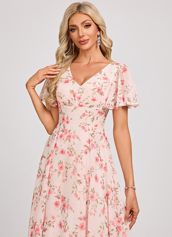 Robe Pastel Bleu Asymétrique Col V Volants - gallery 4