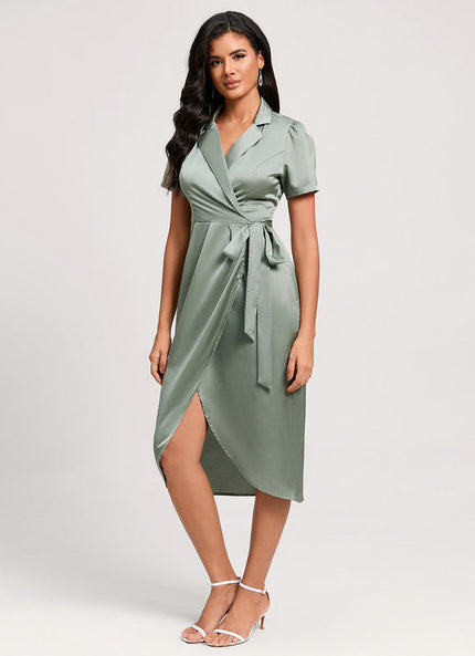 Robe Pastel Vert Col V Satin