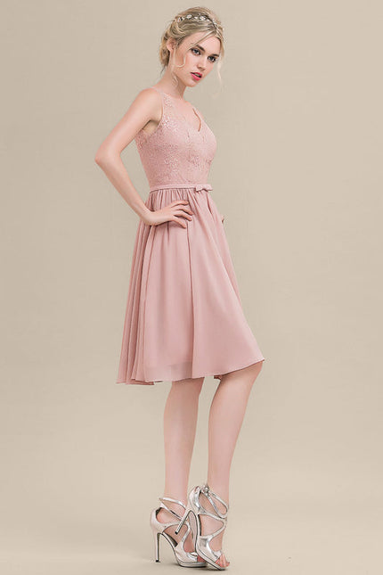 Robe Pastel Rose Col V Dentelle Genou - gallery 3