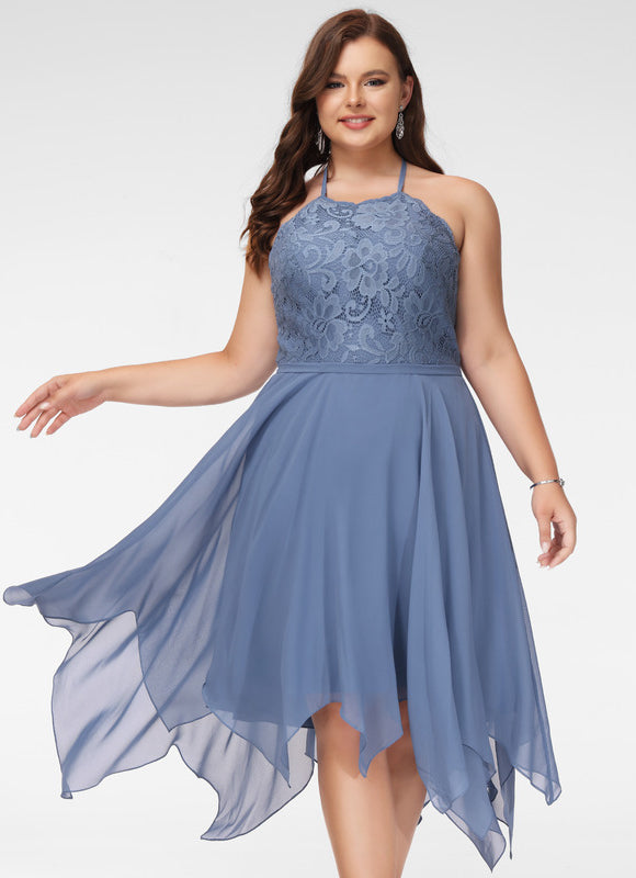 Robe Pastel Bleu Trapèze Asymétrique Dentelle - gallery 9