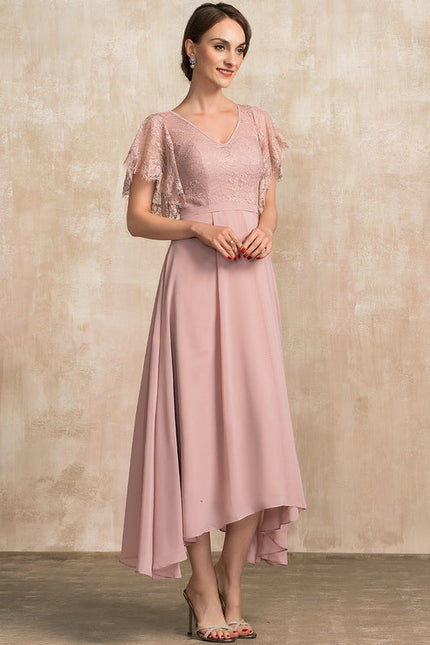 Robe Pastel Rose Col V Dentelle Élégante - gallery 4