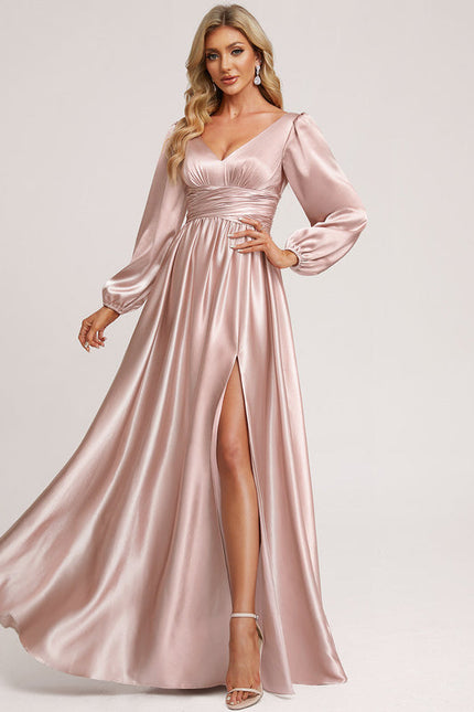 Robe Pastel Rose Satin Longueur Ras Du Sol - gallery 3