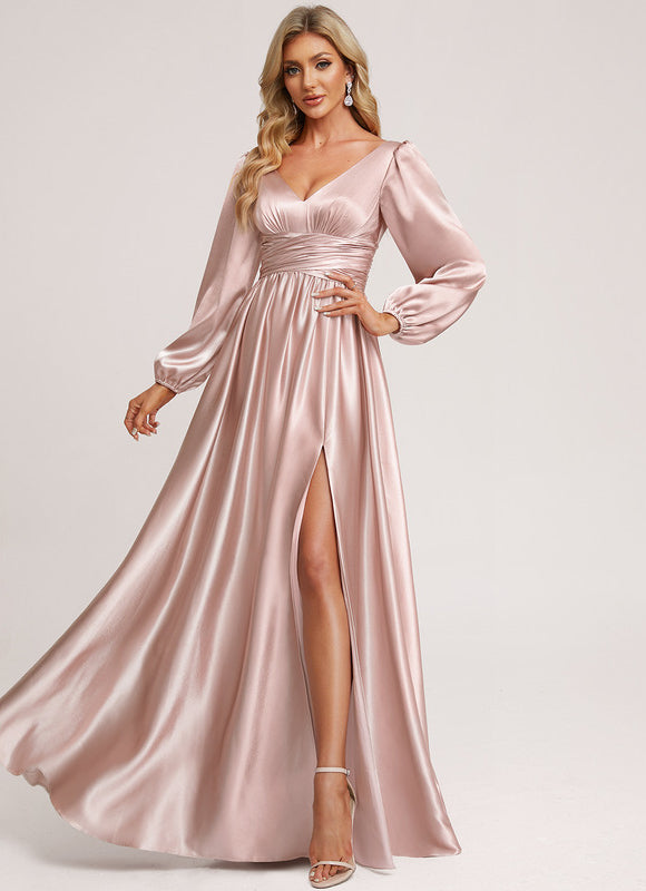 Robe Pastel Rose Satin Longueur Ras Du Sol - gallery 3