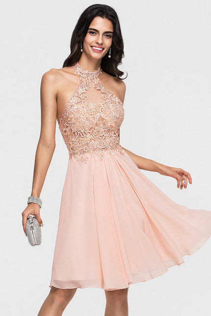 Robe Pastel Rose Trapèze Mousseline Perles - gallery 3