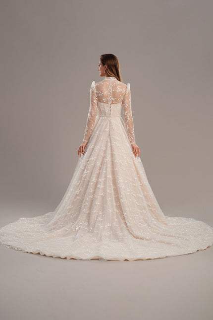 Robe Pastel Blanche Dentelle Traîne Longue - gallery 5
