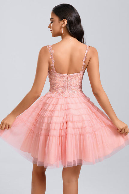 Robe Pastel Rose Dentelle Volants Court - gallery 5
