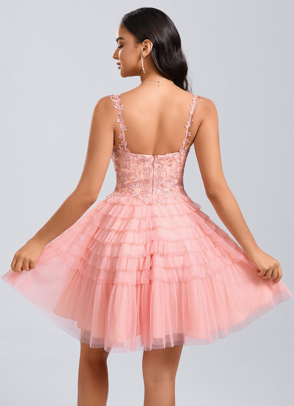 Robe Pastel Rose Dentelle Volants Court - gallery 5