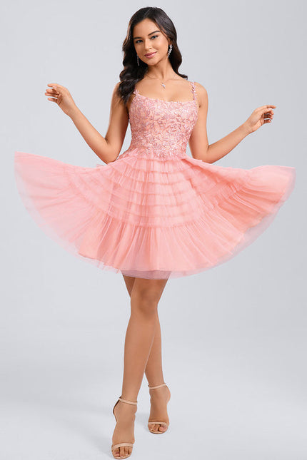 Robe Pastel Rose Dentelle Volants Court - gallery 3