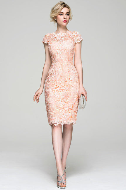 Robe Pastel Saumon Moulante Dentelle Cocktail - gallery 1