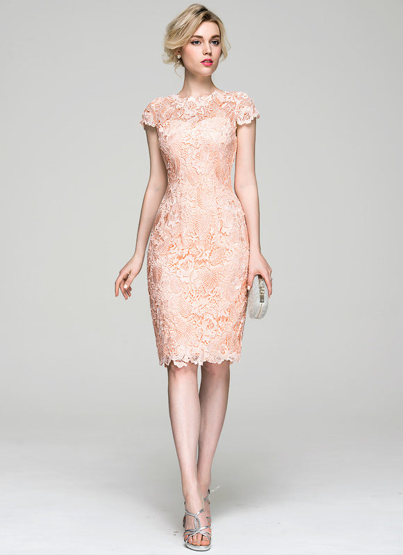 Robe Pastel Saumon Moulante Dentelle Cocktail - gallery 1