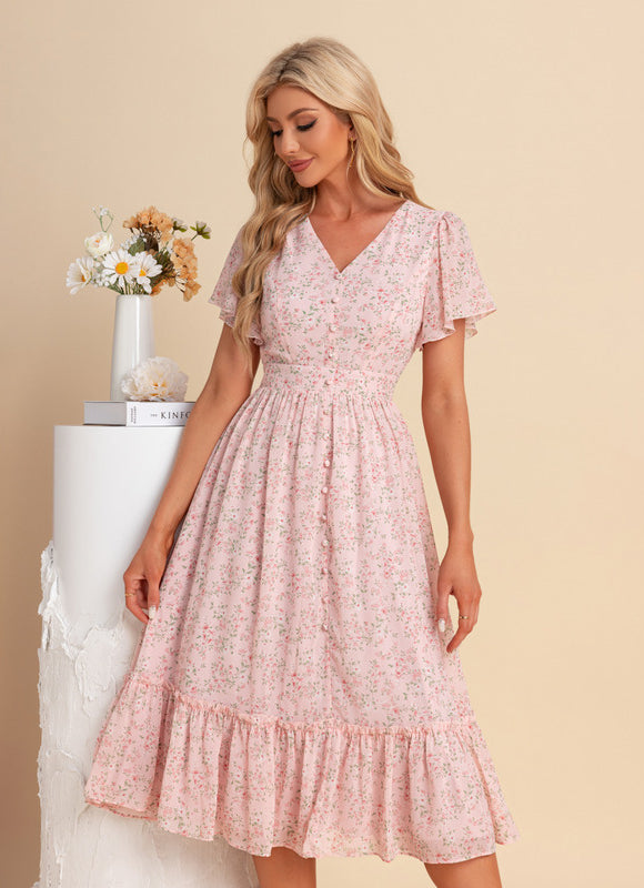 Robe Pastel Fleurie Rose Midi Volants - gallery 6