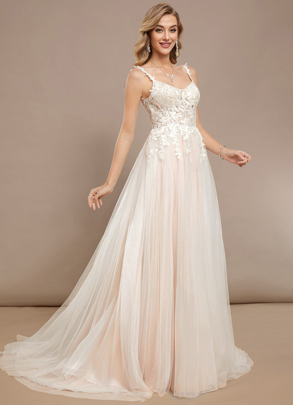 Robe Pastel Blanche Col V Traîne Tulle - gallery 2