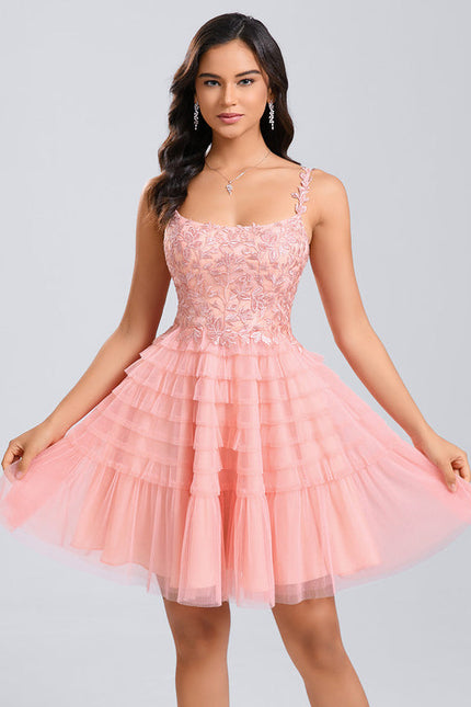 Robe Pastel Rose Dentelle Volants Court