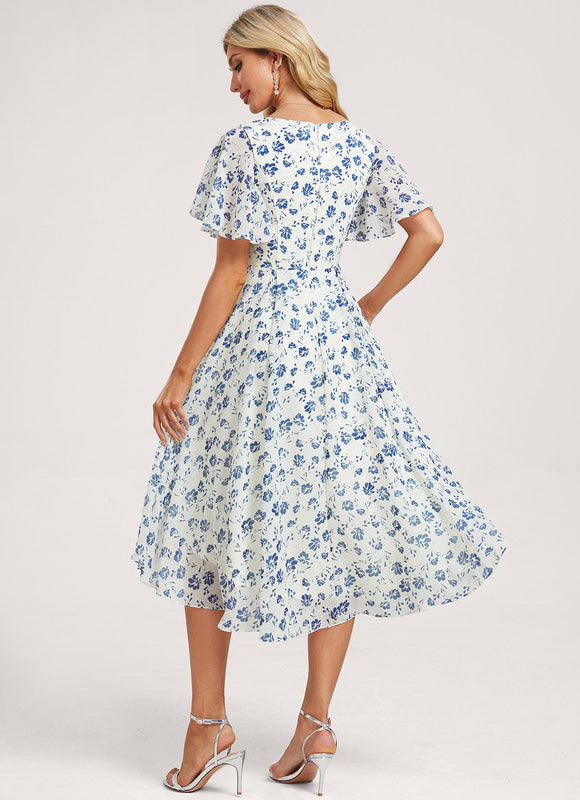 Robe Pastel Bleu Asymétrique Col V Volants - gallery 4
