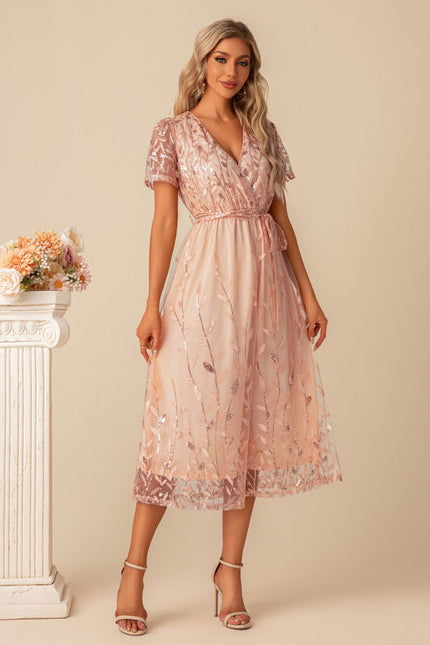 Robe Pastel Rose Pailletée Longueur Mollet - gallery 2