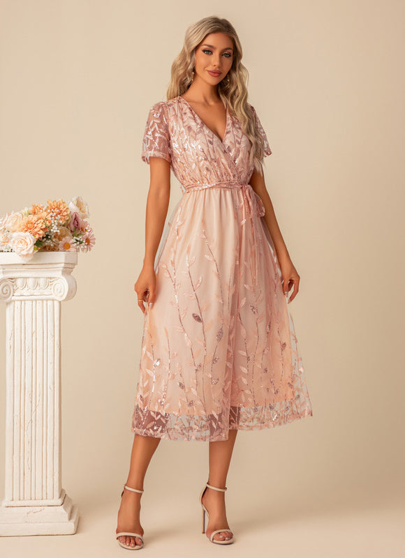 Robe Pastel Rose Pailletée Longueur Mollet - gallery 2