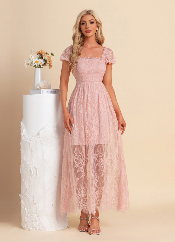 Robe Pastel Rose Dentelle Maxi Élégante - gallery 6