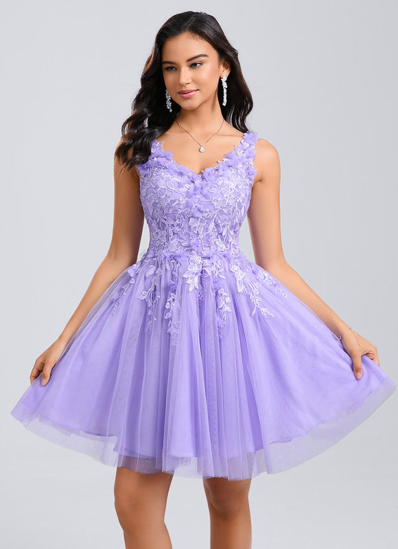 Robe Pastel Lavande Col V Dentelle Tulle