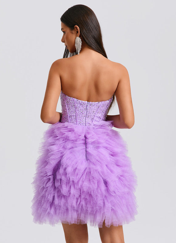 Robe Pastel Violet Paillettes Tulle Court - gallery 6