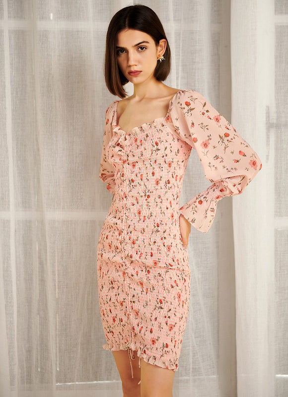 Robe Pastel Rose Imprimée Fleurs Mini