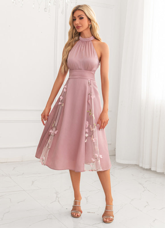 Robe Pastel Rose Trapèze Satin Midi - gallery 5