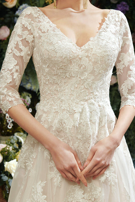 Robe Pastel Rose Traîne Tulle Dentelle - gallery 3