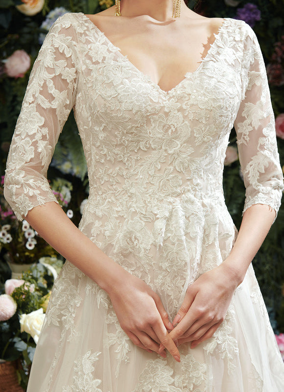 Robe Pastel Rose Traîne Tulle Dentelle - gallery 3