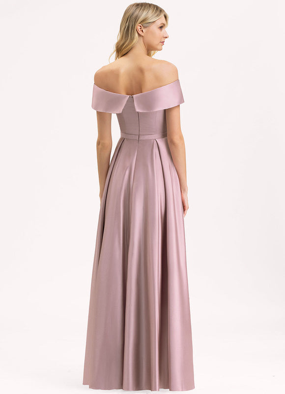 Robe Pastel Rose Épaule Dénudée Satin - gallery 5