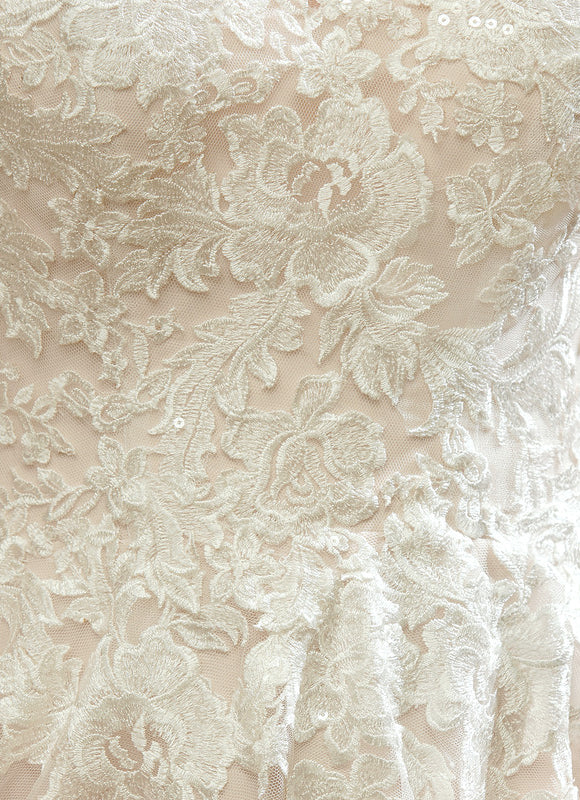 Robe Pastel Rose Traîne Tulle Dentelle - gallery 4