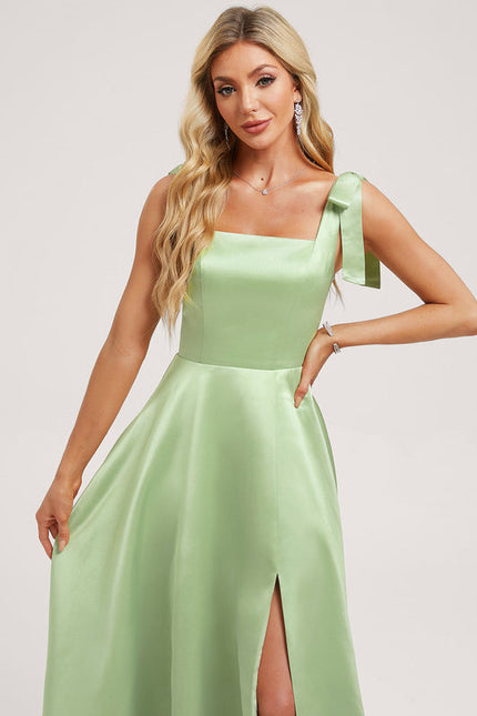 Robe Pastel Verte Col Carré Satin - gallery 3