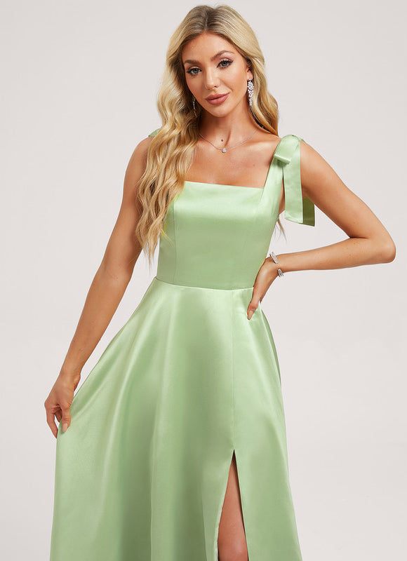 Robe Pastel Verte Col Carré Satin - gallery 3