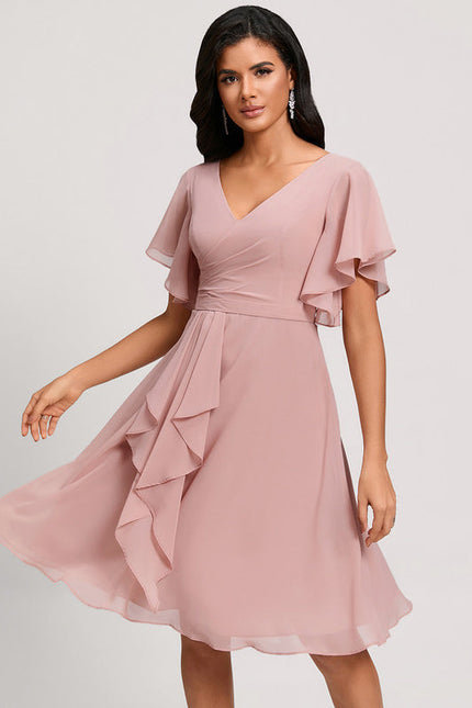 Robe Pastel Rose Col V Longueur Genou
