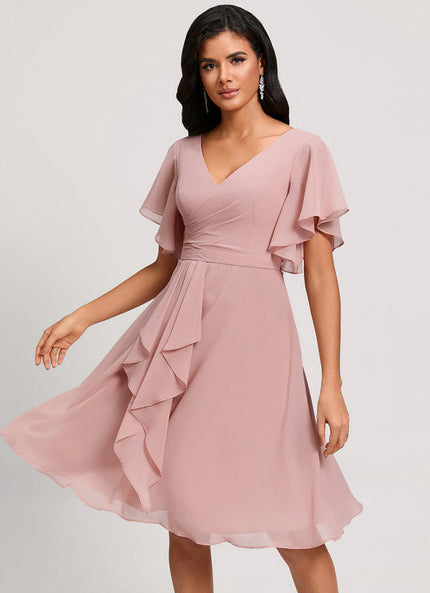 Robe Pastel Rose Col V Longueur Genou