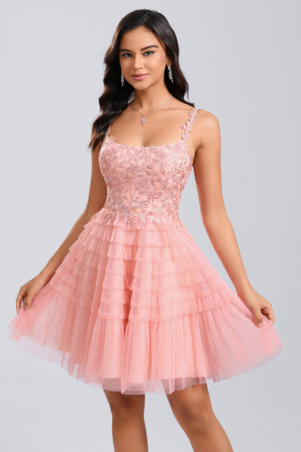 Robe Pastel Rose Dentelle Volants Court - gallery 1