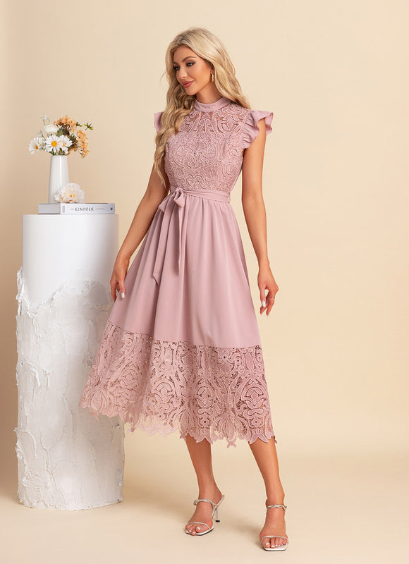 Robe Pastel Rose Dentelle Col Montant