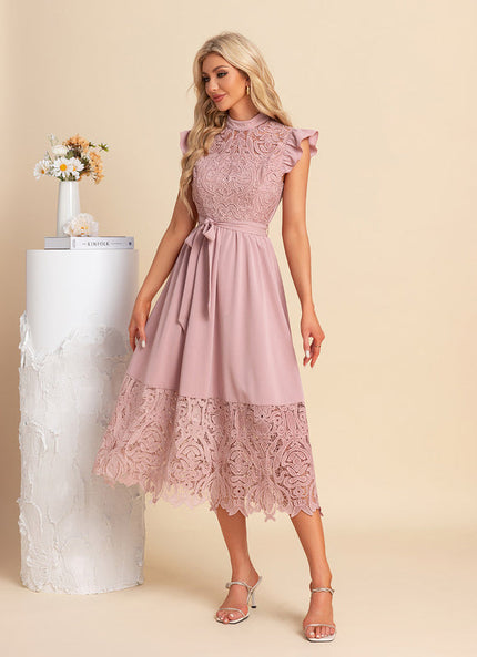 Robe Pastel Rose Dentelle Col Montant