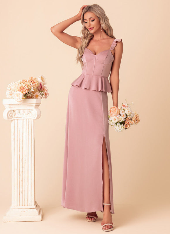 Robe Pastel Rose Satin Col Cœur Maxi - gallery 2
