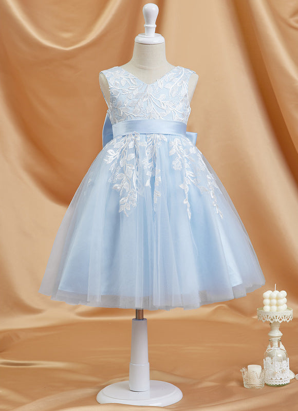 Robe Pastel Bleu Longueur Genou Dentelle - gallery 3