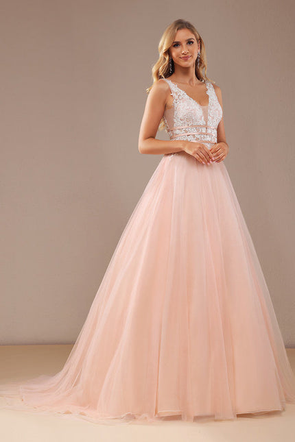 Robe Pastel Rose Col V Traîne Tulle - gallery 6