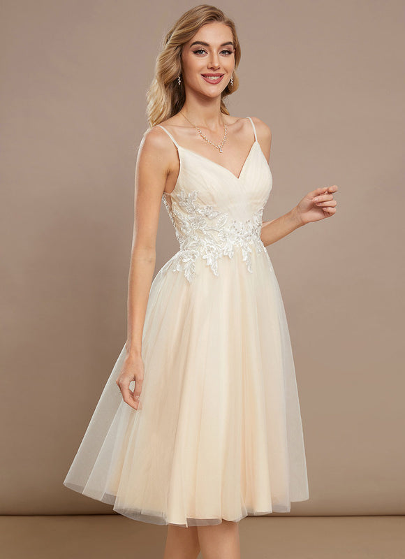 Robe Pastel Beige Trapèze Col V Genoux - gallery 2