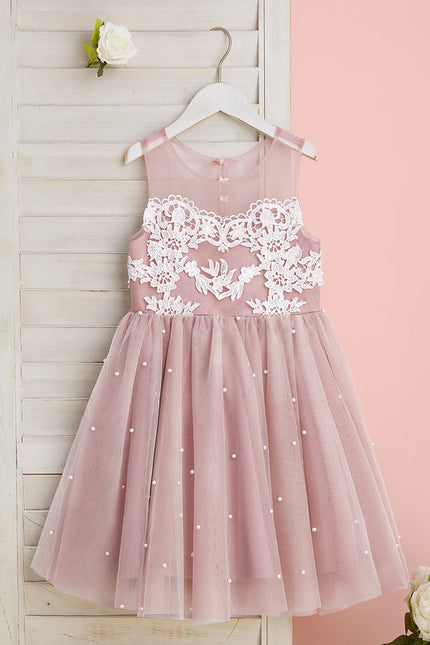 Robe Pastel Rose Trapèze Dentelle Mariage Fille - gallery 2