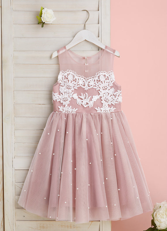 Robe Pastel Rose Trapèze Dentelle Mariage Fille - gallery 2