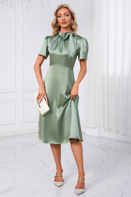 Robe Pastel Vert Satin Col Montant - gallery 4