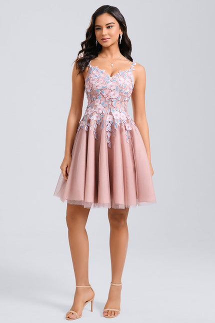 Robe Pastel Rose Col V Tulle Dentelle - gallery 5